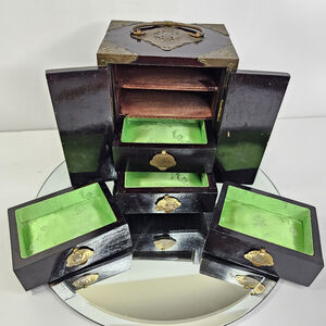 Hand Crafted Oriental Jewelry Box with Four Carved Jade Insert Unpolished Patina